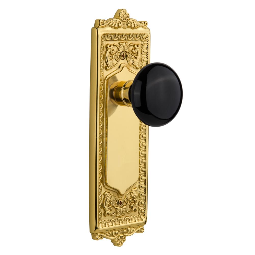 Nostalgic Warehouse EADBLK Double Dummy Knob Egg and Dart Plate with Black Porcelain Knob in Unlacquered Brass